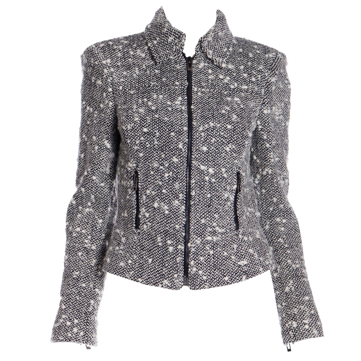 1990s Gianni Versace Couture Black & White Boucle Wool Zip Front Jacket