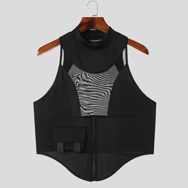 Black Patchwork O-neck Zipper Tank Top