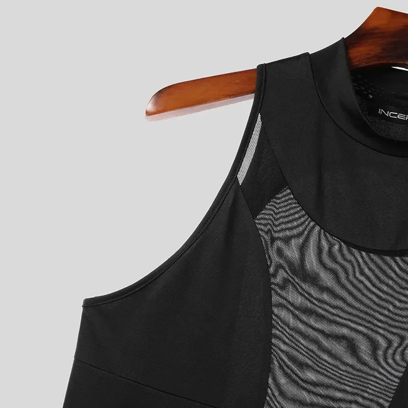 Black Patchwork O-neck Zipper Tank Top