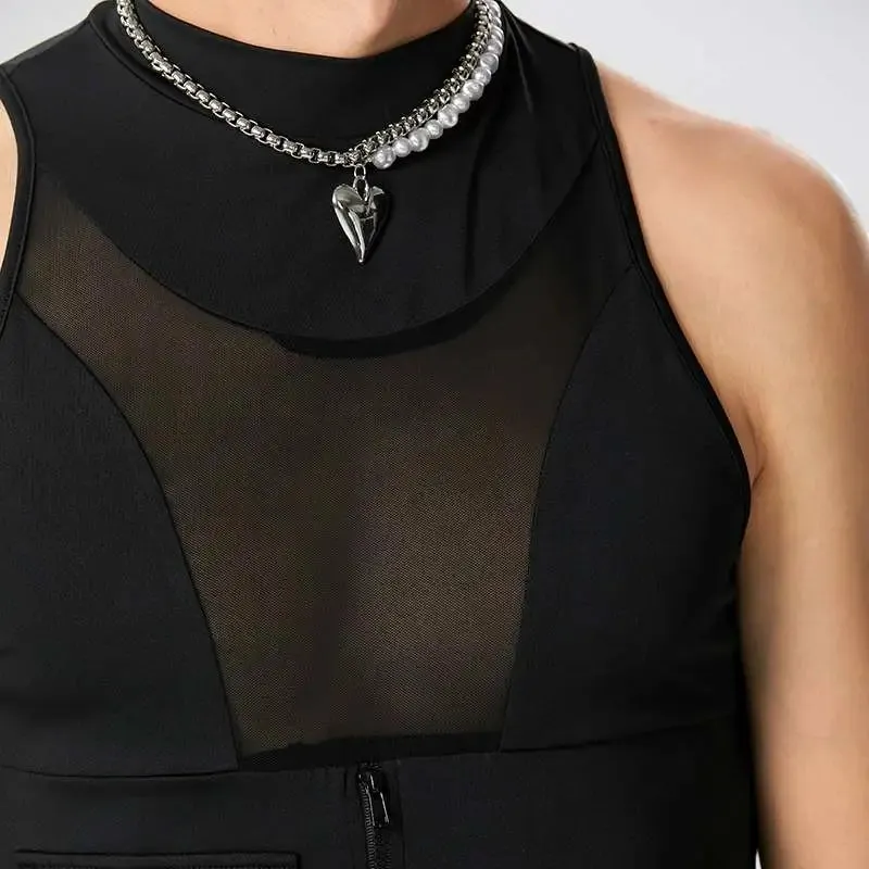 Black Patchwork O-neck Zipper Tank Top