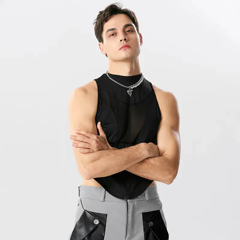 Black Patchwork O-neck Zipper Tank Top