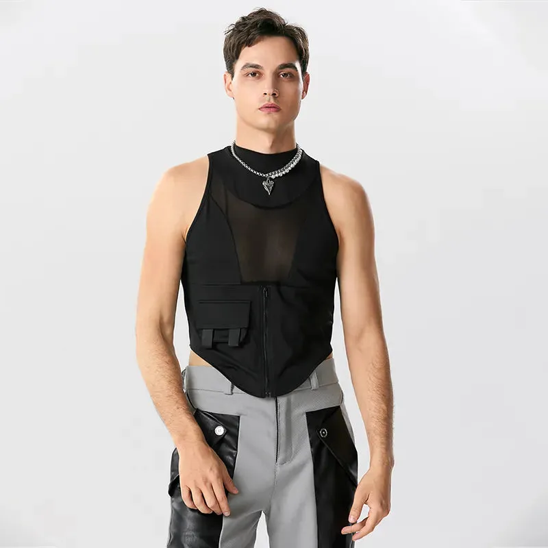 Black Patchwork O-neck Zipper Tank Top