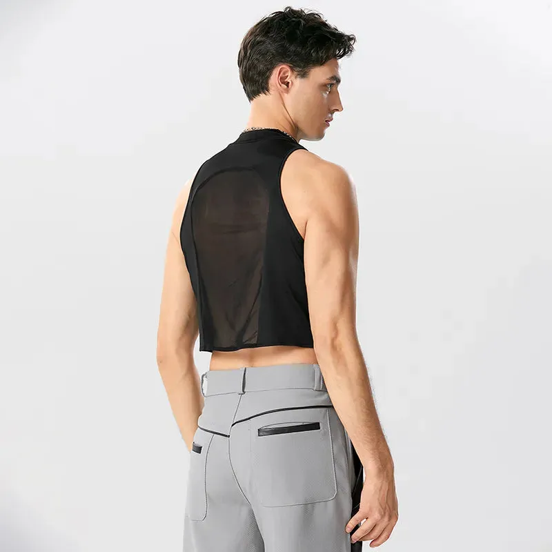 Black Patchwork O-neck Zipper Tank Top