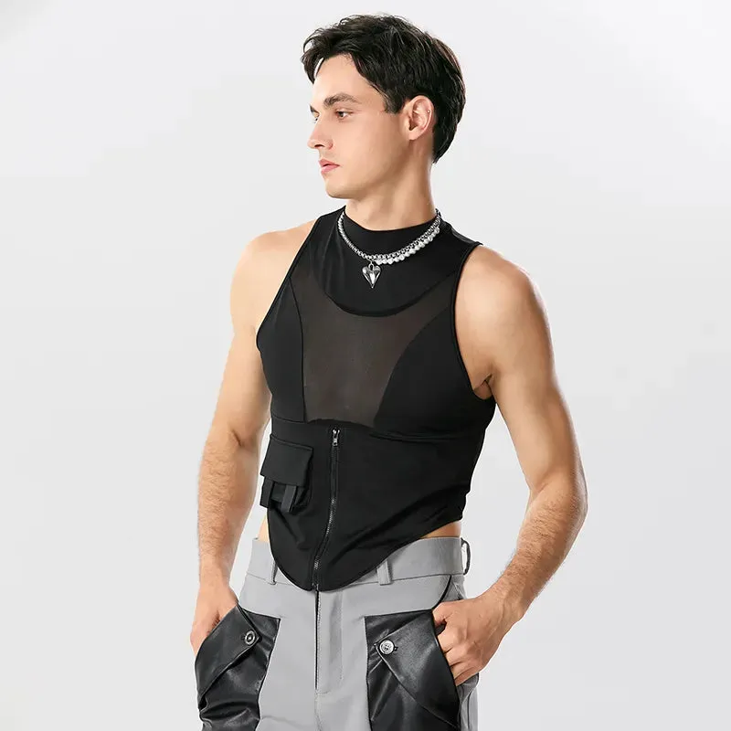 Black Patchwork O-neck Zipper Tank Top