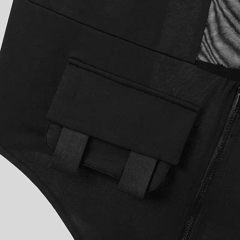 Black Patchwork O-neck Zipper Tank Top
