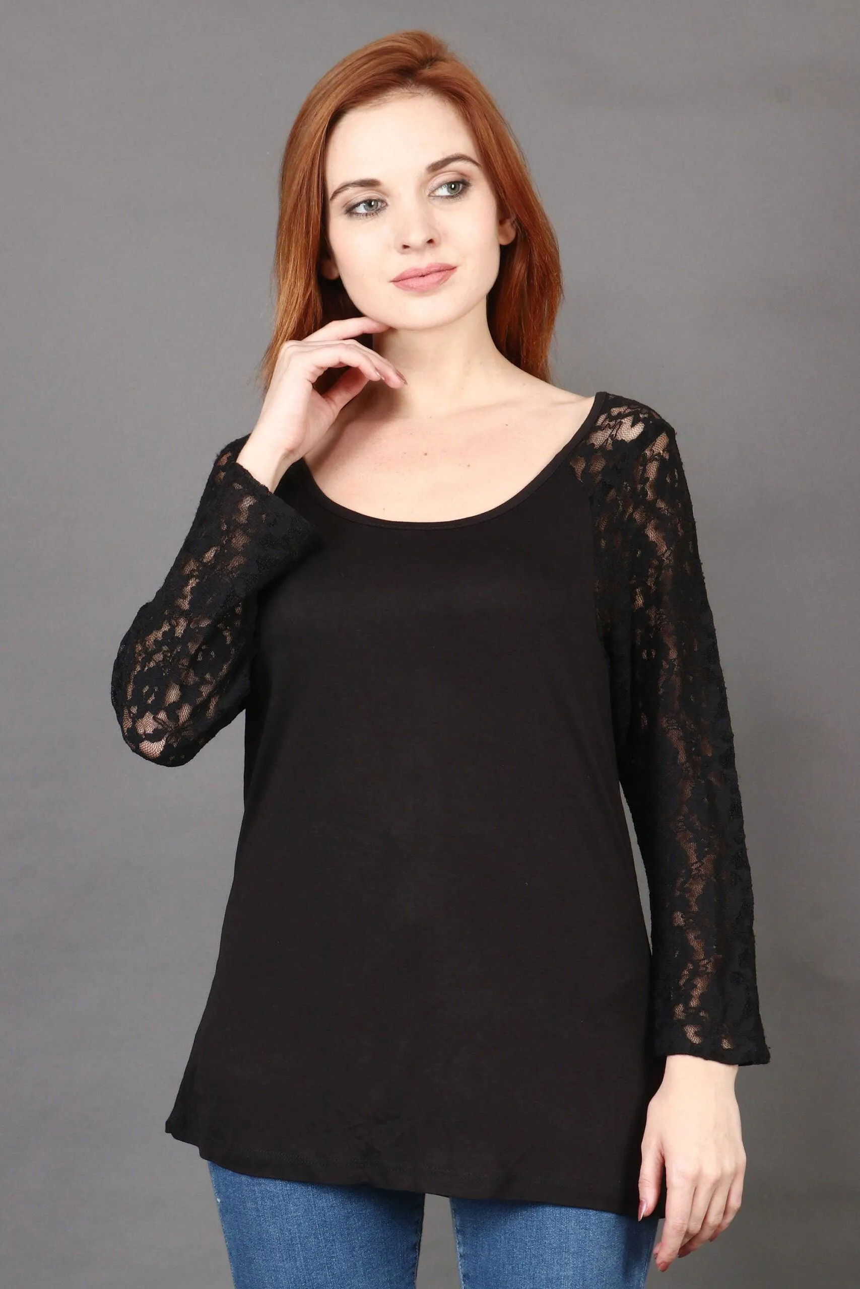 Black Solid Top with Lace Sleeves
