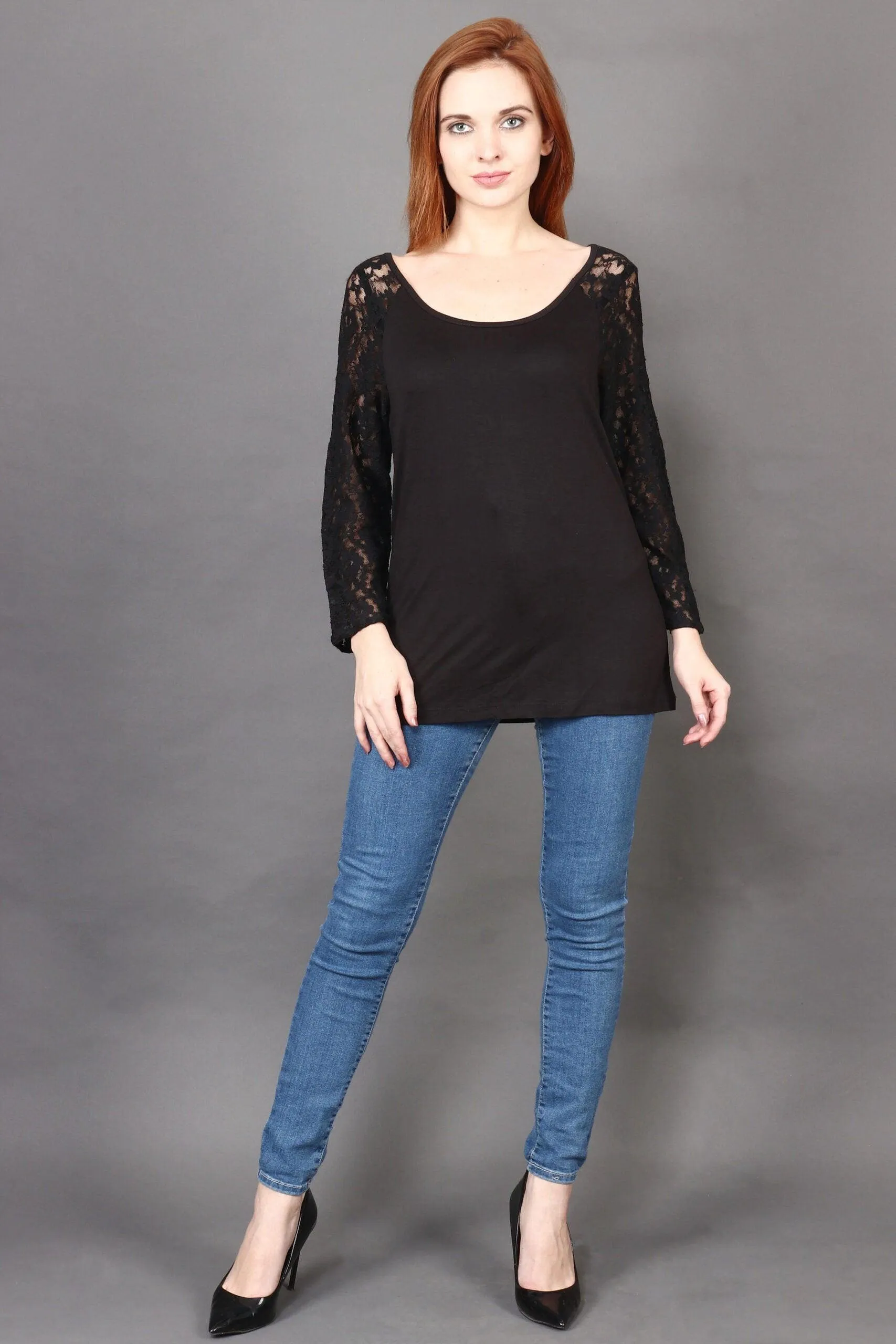 Black Solid Top with Lace Sleeves