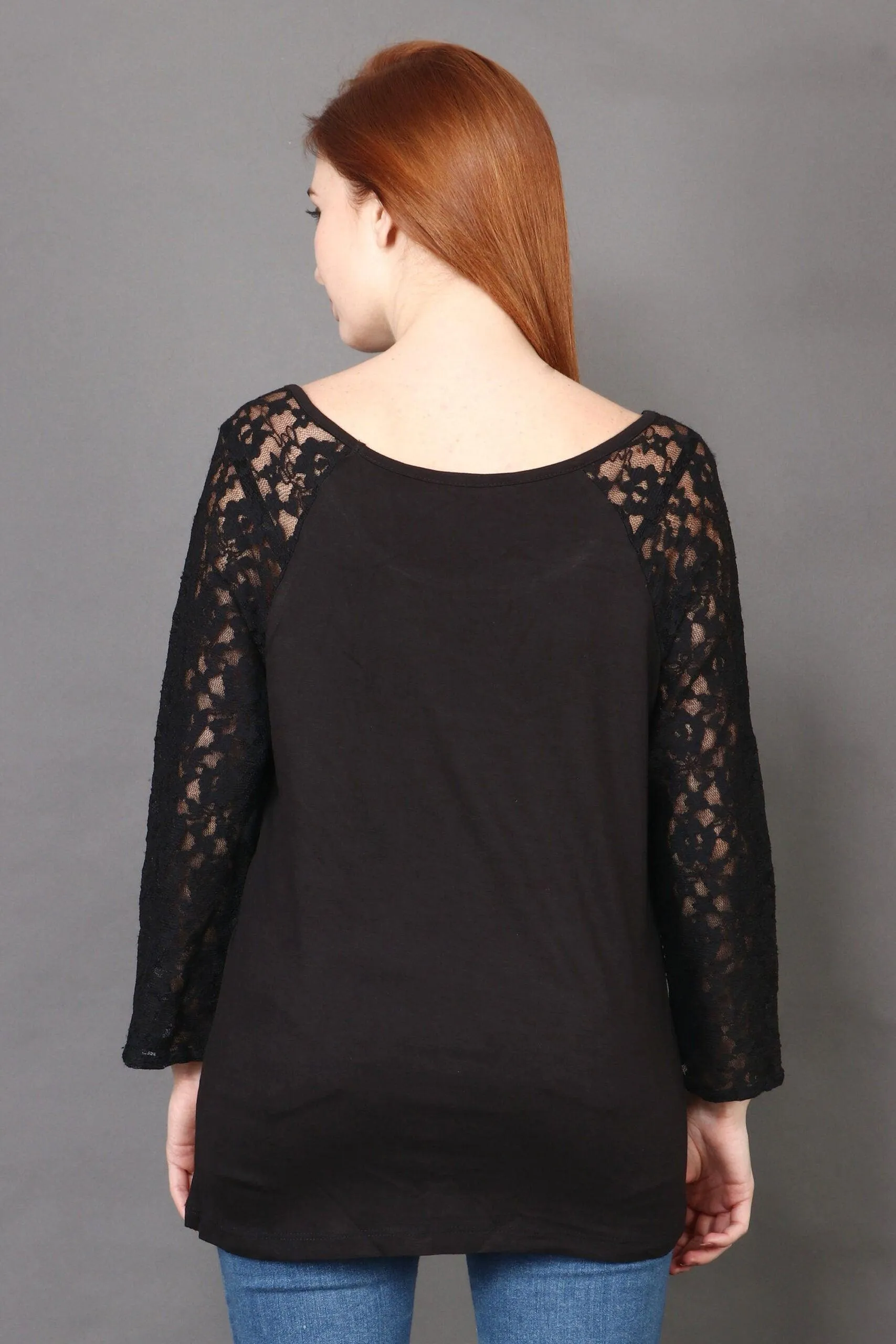 Black Solid Top with Lace Sleeves