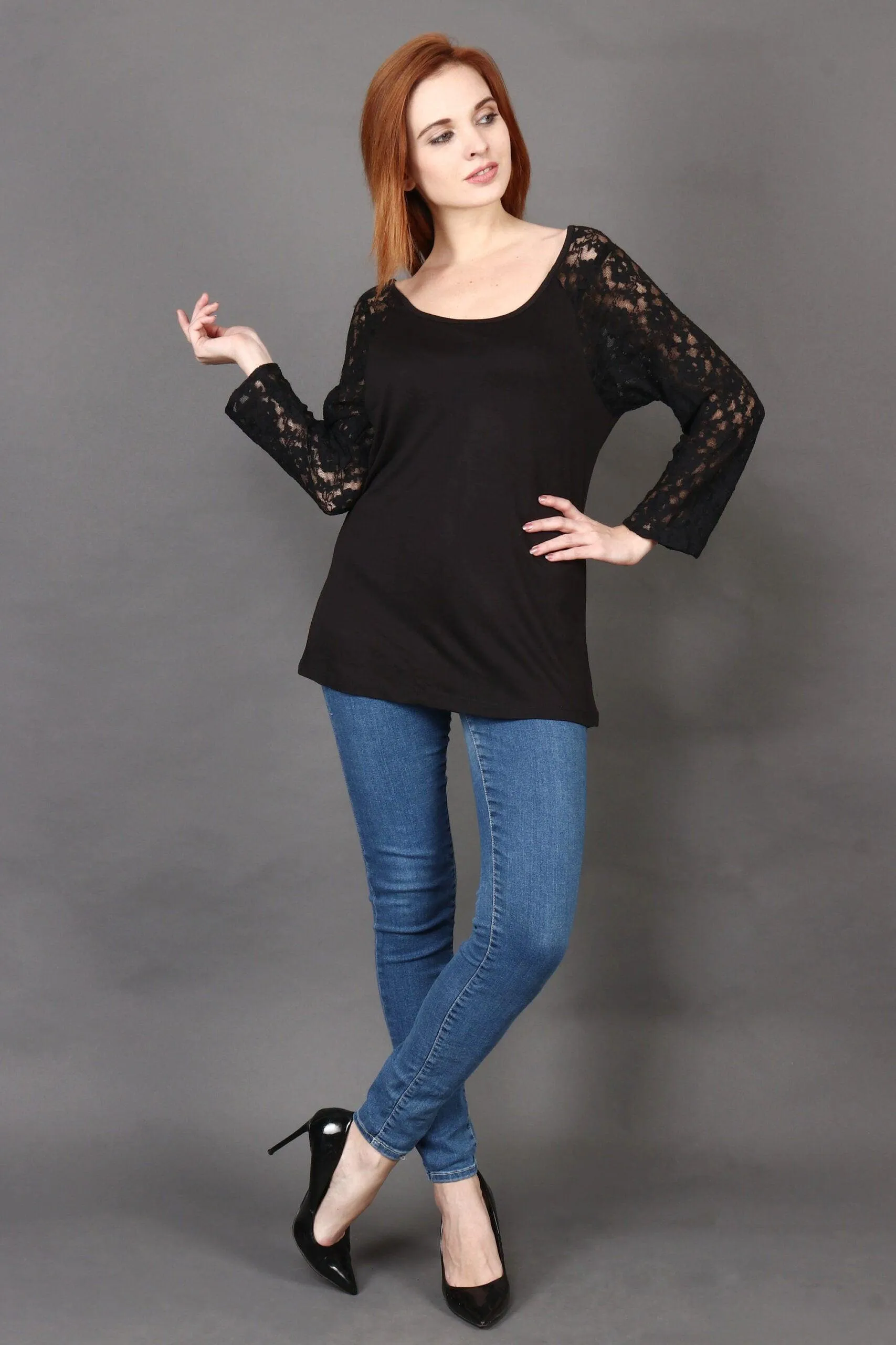Black Solid Top with Lace Sleeves