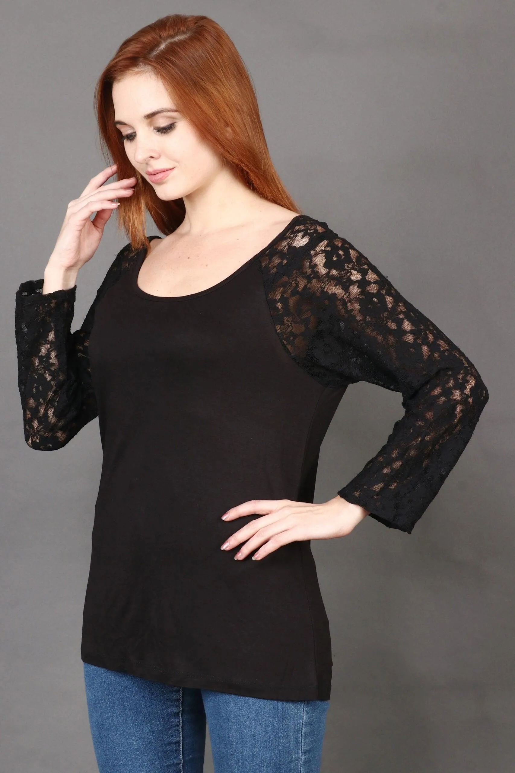Black Solid Top with Lace Sleeves