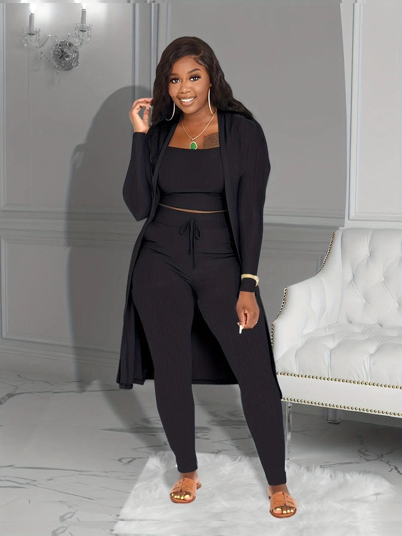 Black V-Neck Long Sleeve Jumpsuit