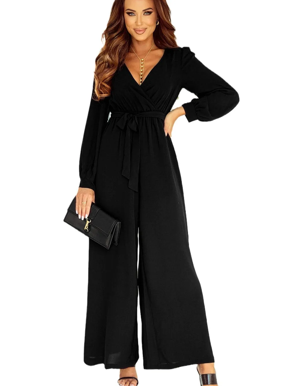 Black V-Neck Long Sleeve Jumpsuit