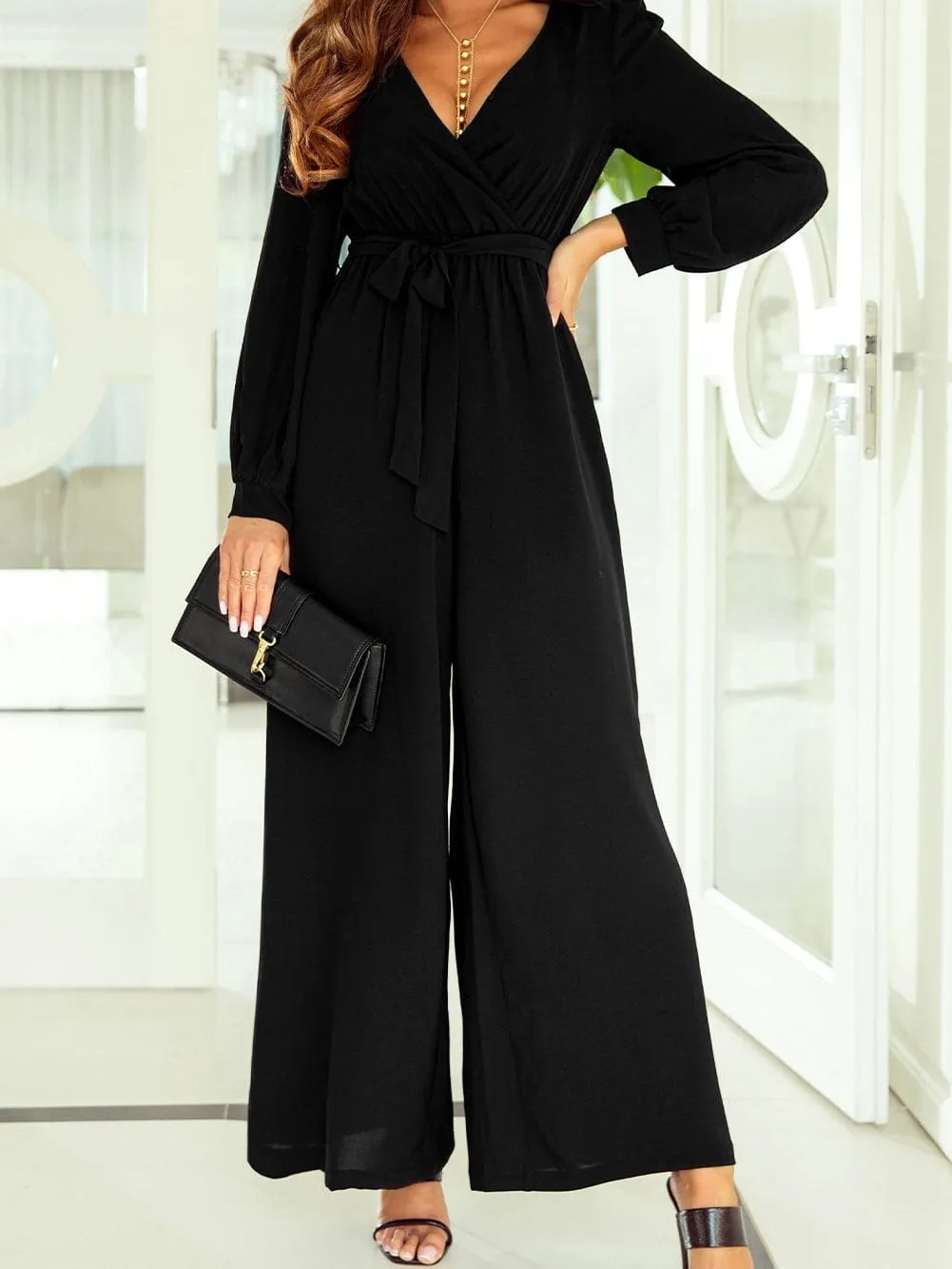 Black V-Neck Long Sleeve Jumpsuit