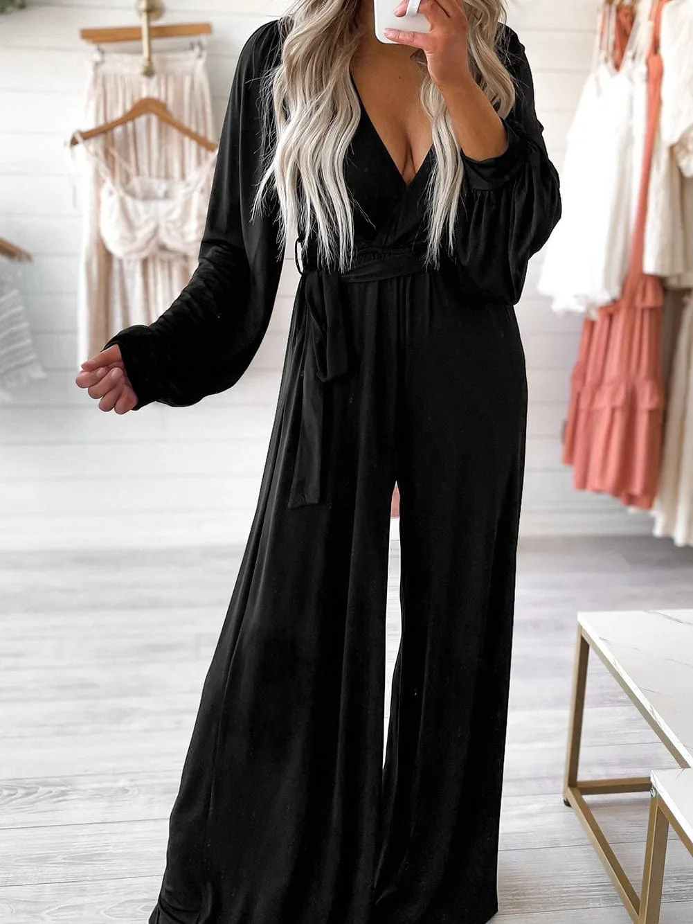 Black V-Neck Long Sleeve Jumpsuit