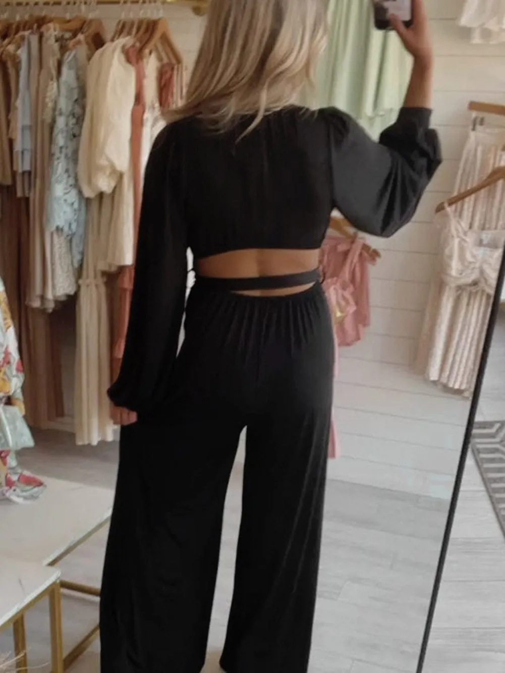 Black V-Neck Long Sleeve Jumpsuit