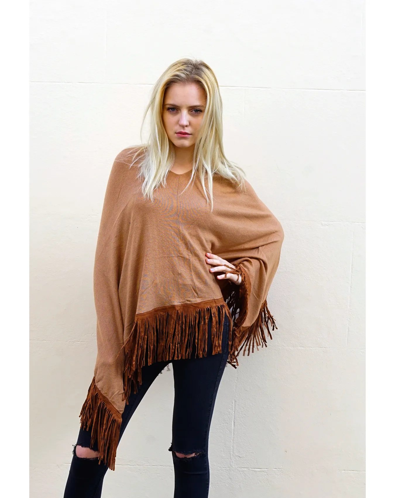 Camel color Knitted cape with Faux Leather Tassel
