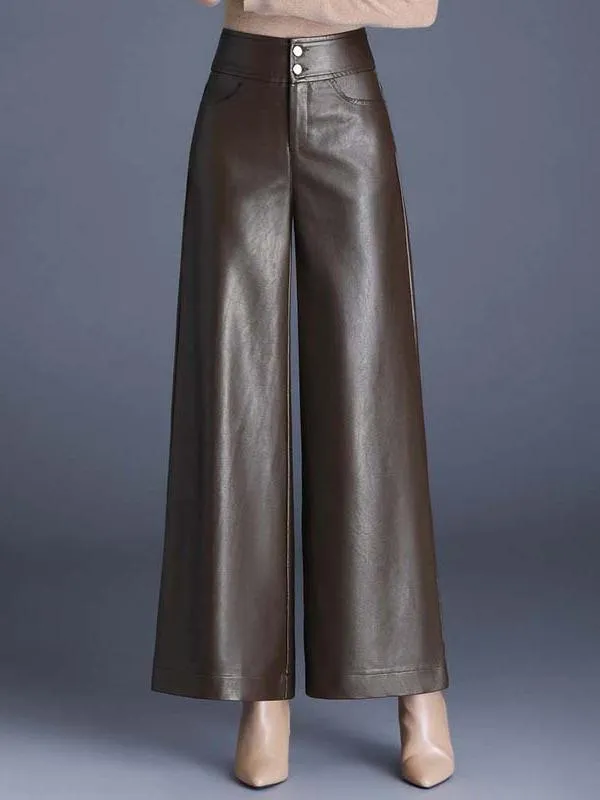 Chic Solid Color High Waist Wide-leg Leather Pants