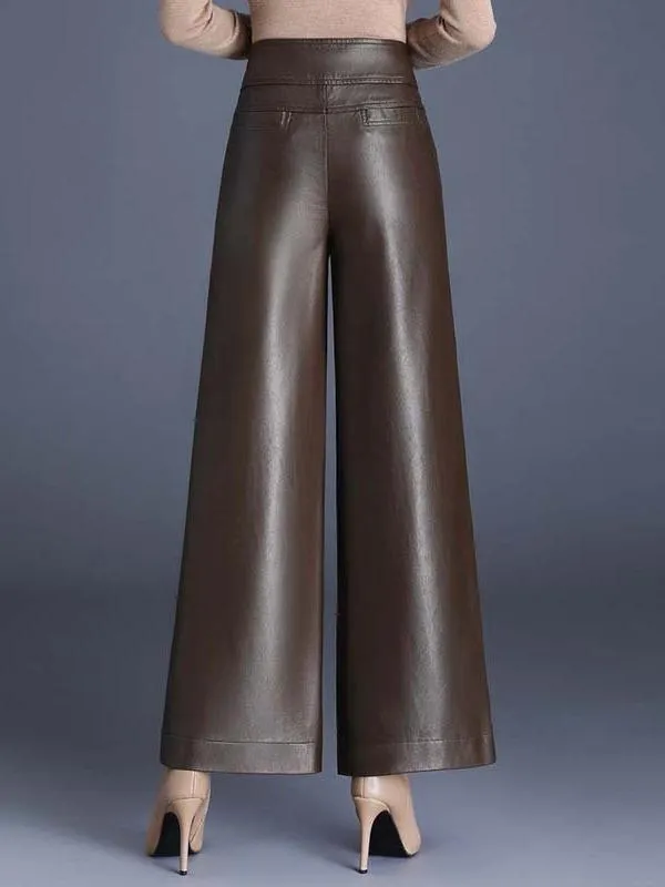 Chic Solid Color High Waist Wide-leg Leather Pants