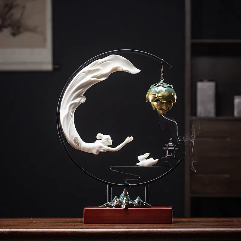 Creative Chang'e Flying to the Moon Ceramic LED Lamp Incense Burner Decoration
