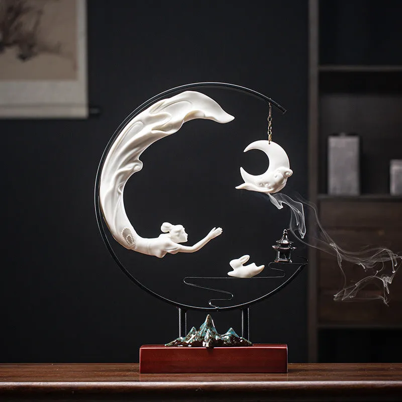 Creative Chang'e Flying to the Moon Ceramic LED Lamp Incense Burner Decoration
