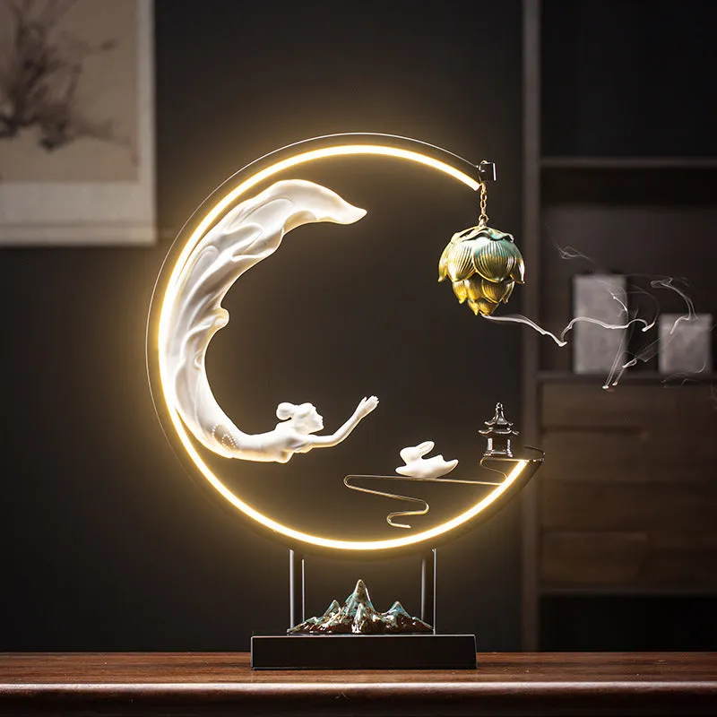 Creative Chang'e Flying to the Moon Ceramic LED Lamp Incense Burner Decoration