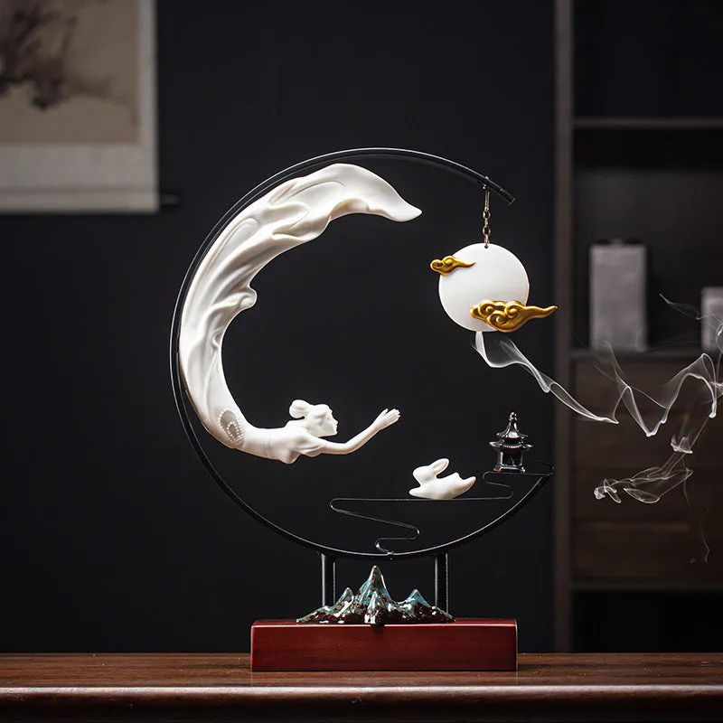 Creative Chang'e Flying to the Moon Ceramic LED Lamp Incense Burner Decoration