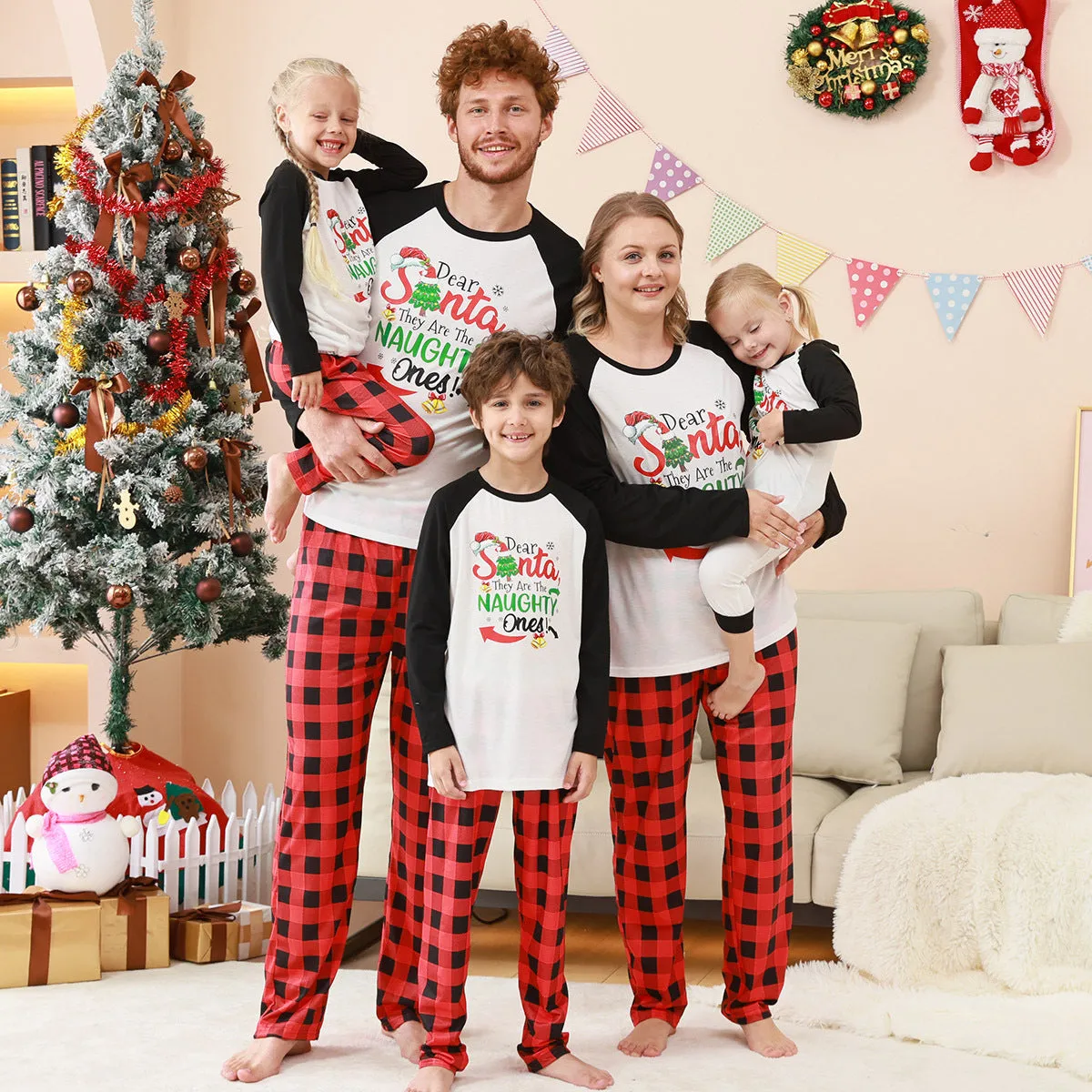 Family Parent-Child Christmas "Dear Naughty" Plaid Pajamas Set