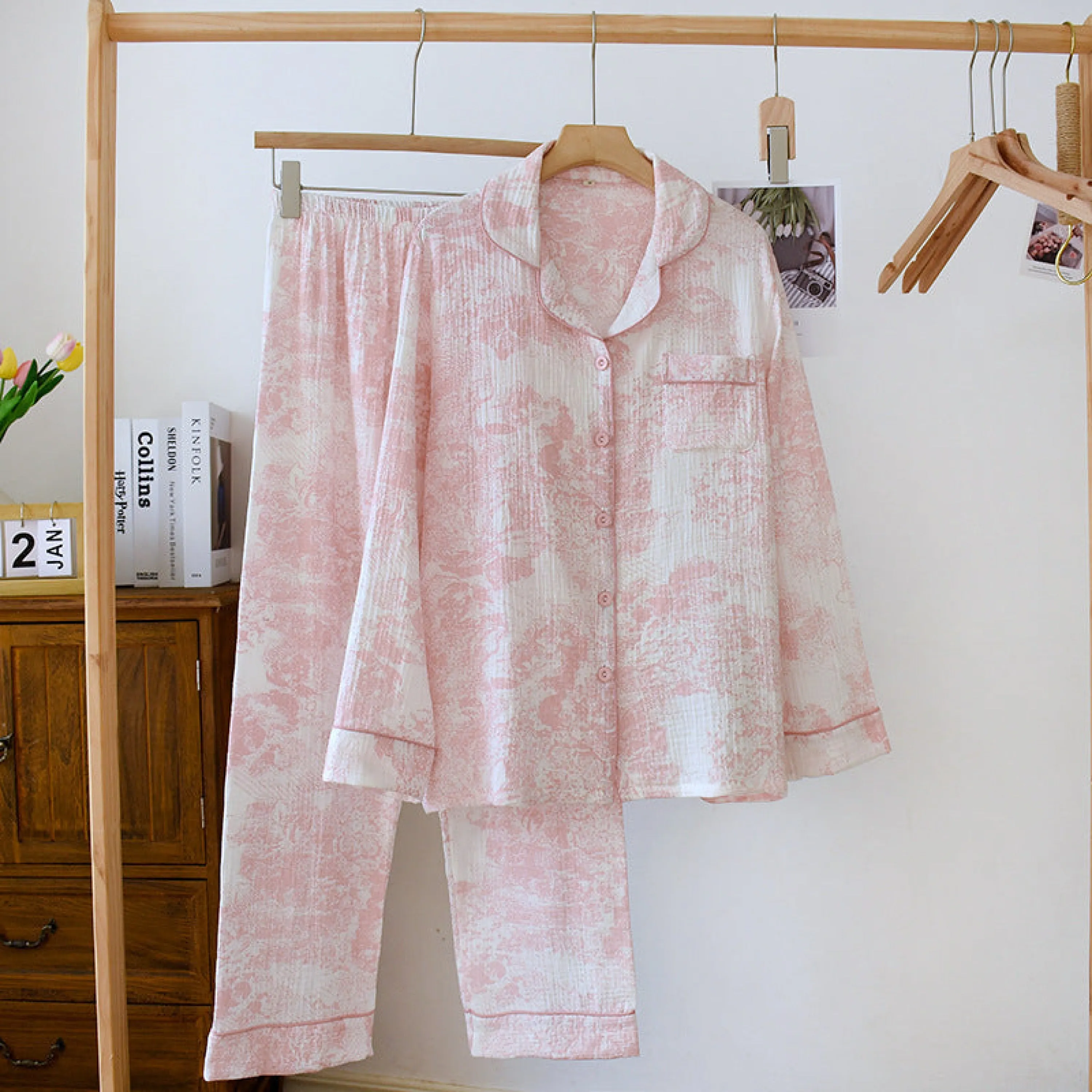 French Cottage Long Sleeves and Pants Cotton Pajama Set / Blue