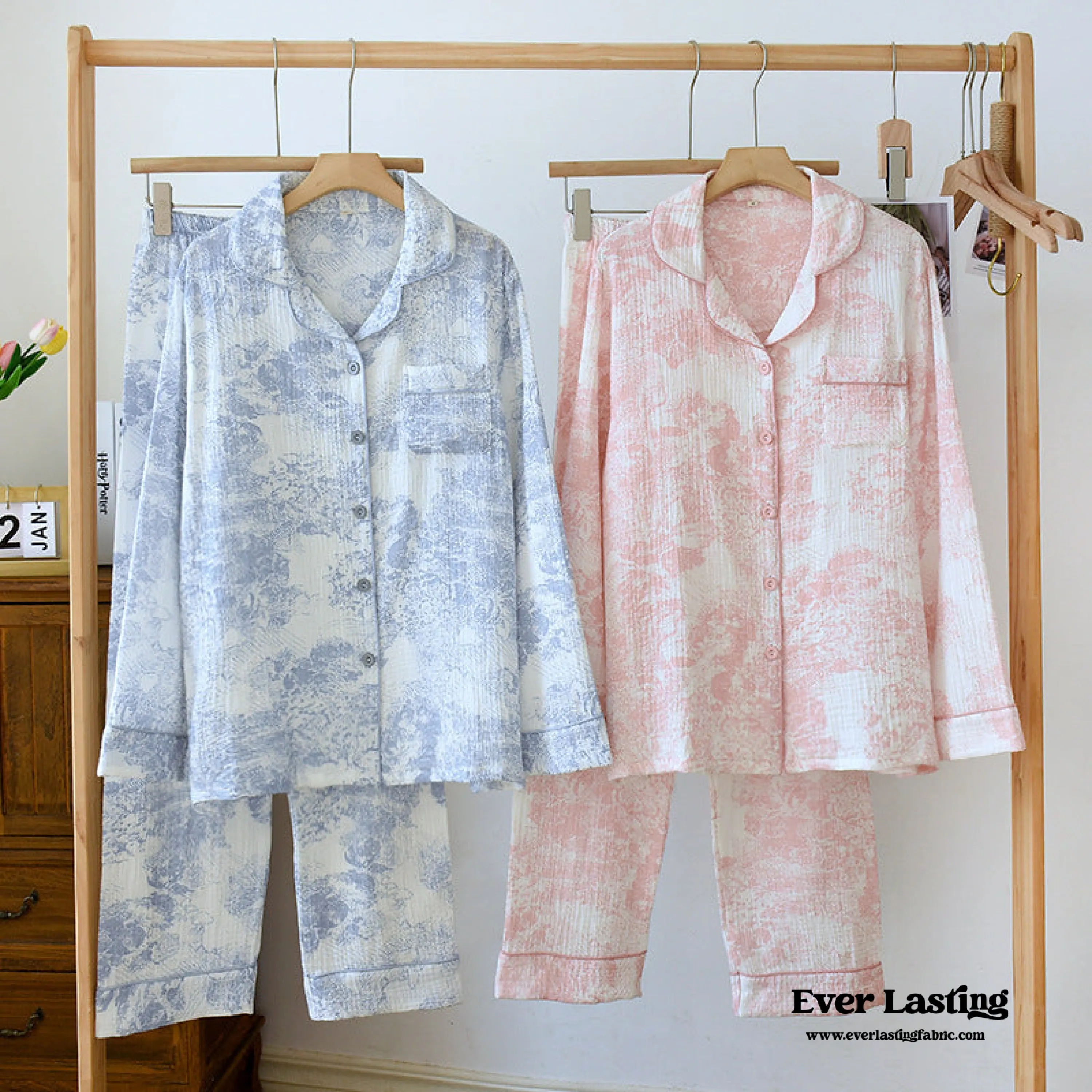 French Cottage Long Sleeves and Pants Cotton Pajama Set / Blue