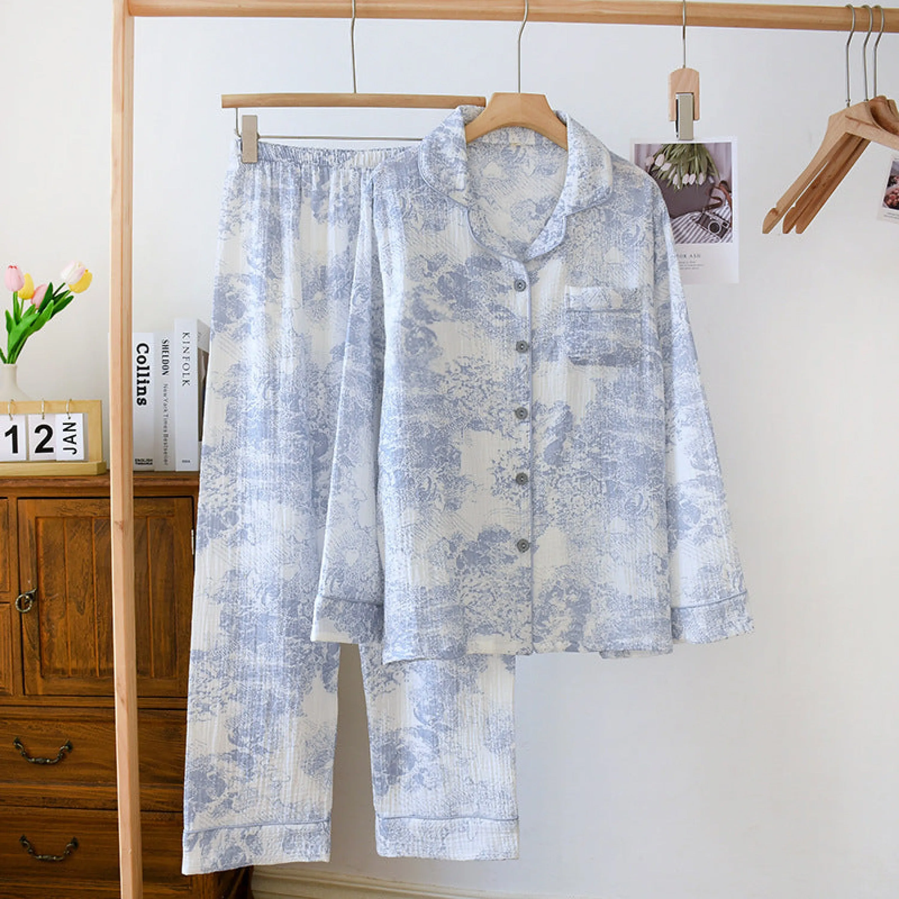 French Cottage Long Sleeves and Pants Cotton Pajama Set / Blue