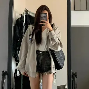 Grey Hooded Loose Classic Zip-up Vintage Female Hoodies American V-neck Solid Color Simple Casual Autumn Women Hoodies