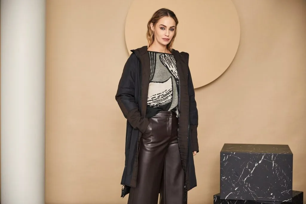 Hooded Coat Print Section at Zip in Choc/Black