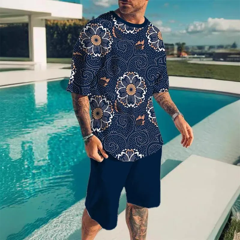 Men's Ethnic Flower Casual Comfortable Round Neck Short-sleeved T-shirt Set 00479600L