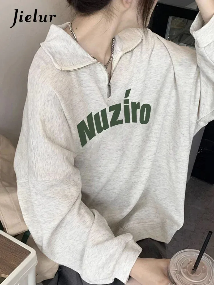 Metaversmall Letter Printed Polo Neck Female Hoodies Fashion Streetwear Spell Color Zipper Simple Casual Women's Hoodies Office Ladies