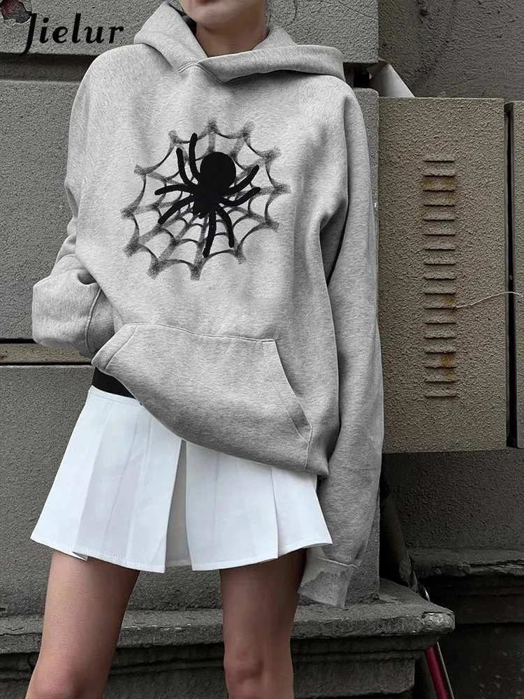 Metaversmall Light Grey Street Printing Loose Women Hoodies Winter New Fashion Hooded Solid Color Basic Simple Casual Female Hoodies