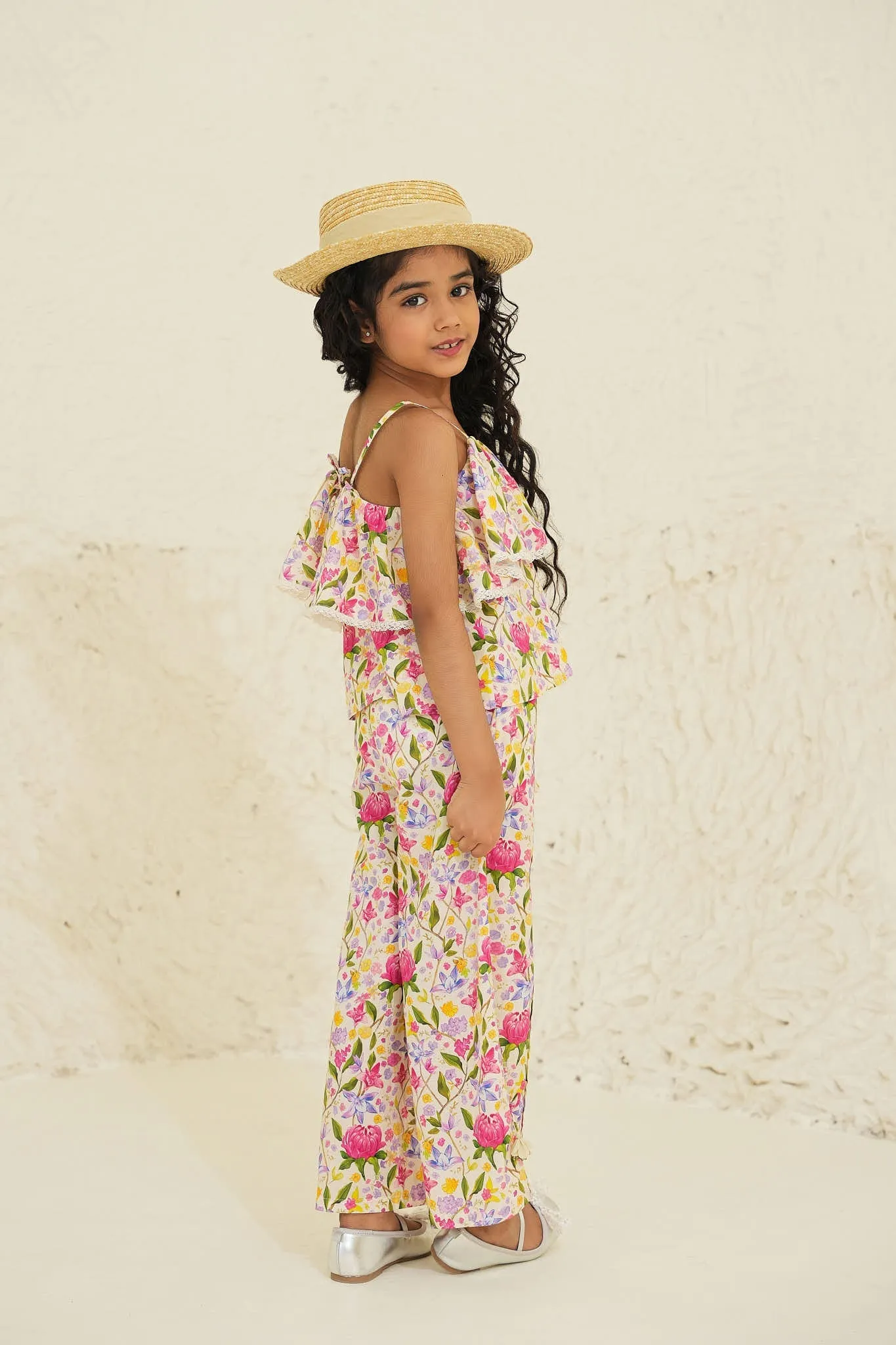 Nina Cotton Cambric Flower Print Girls Pants - Ecru Garden