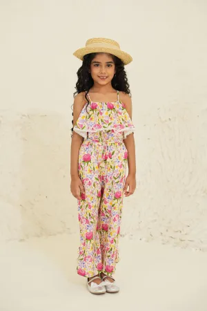 Nina Cotton Cambric Flower Print Girls Pants - Ecru Garden