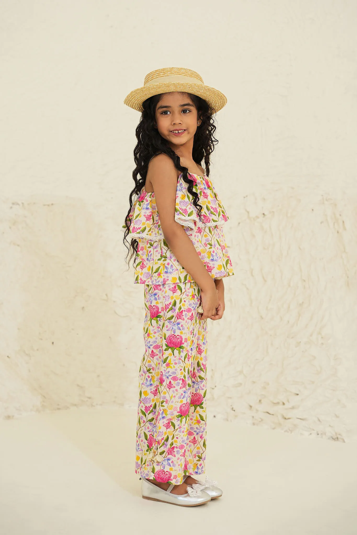 Nina Cotton Cambric Flower Print Girls Pants - Ecru Garden