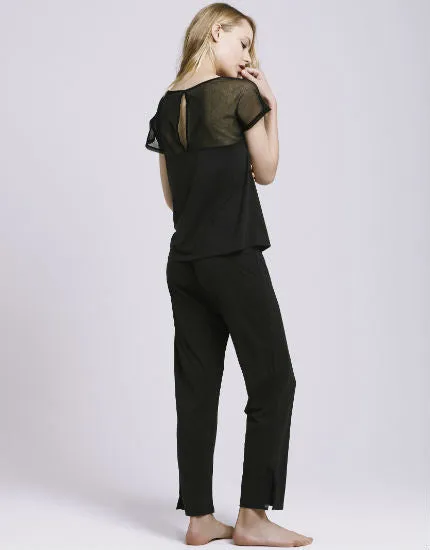 Organic Cotton Tulle Trim Crop Pant in Black