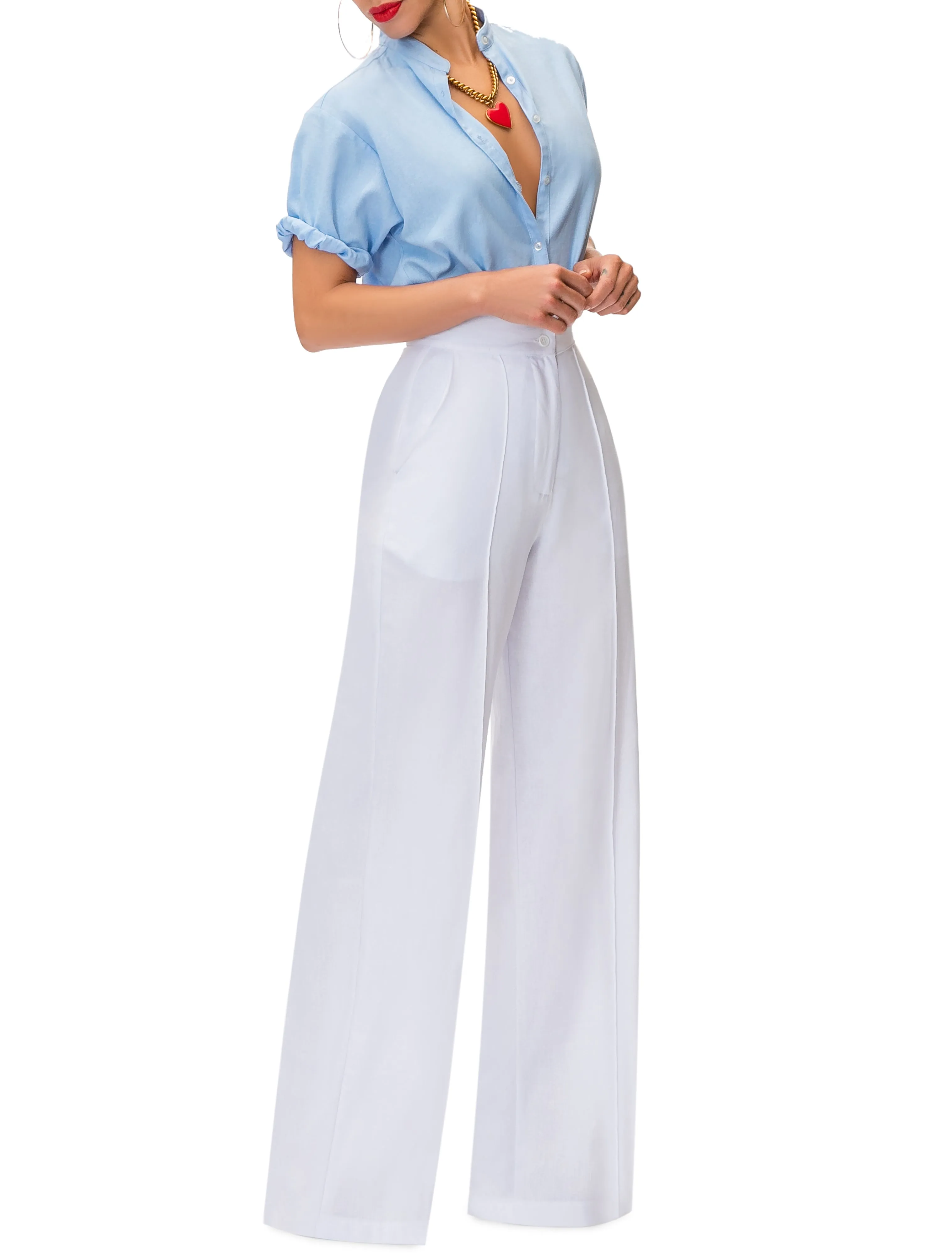 "Palm Springs" White Linen High Waist Pants