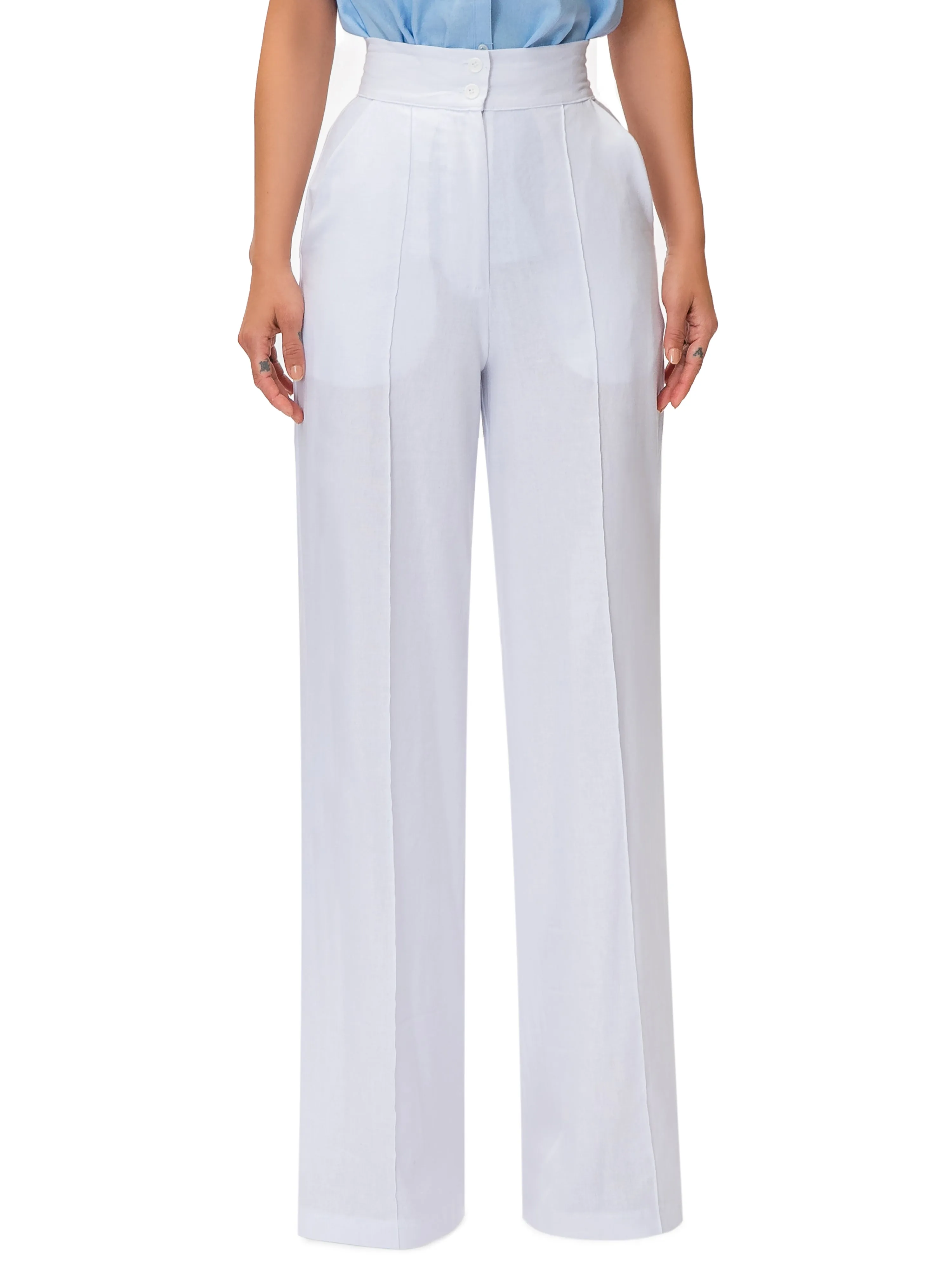 "Palm Springs" White Linen High Waist Pants