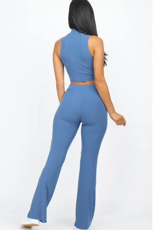 Ribbed Mock Neck Crop Tank Top & Bootcut Pants Set