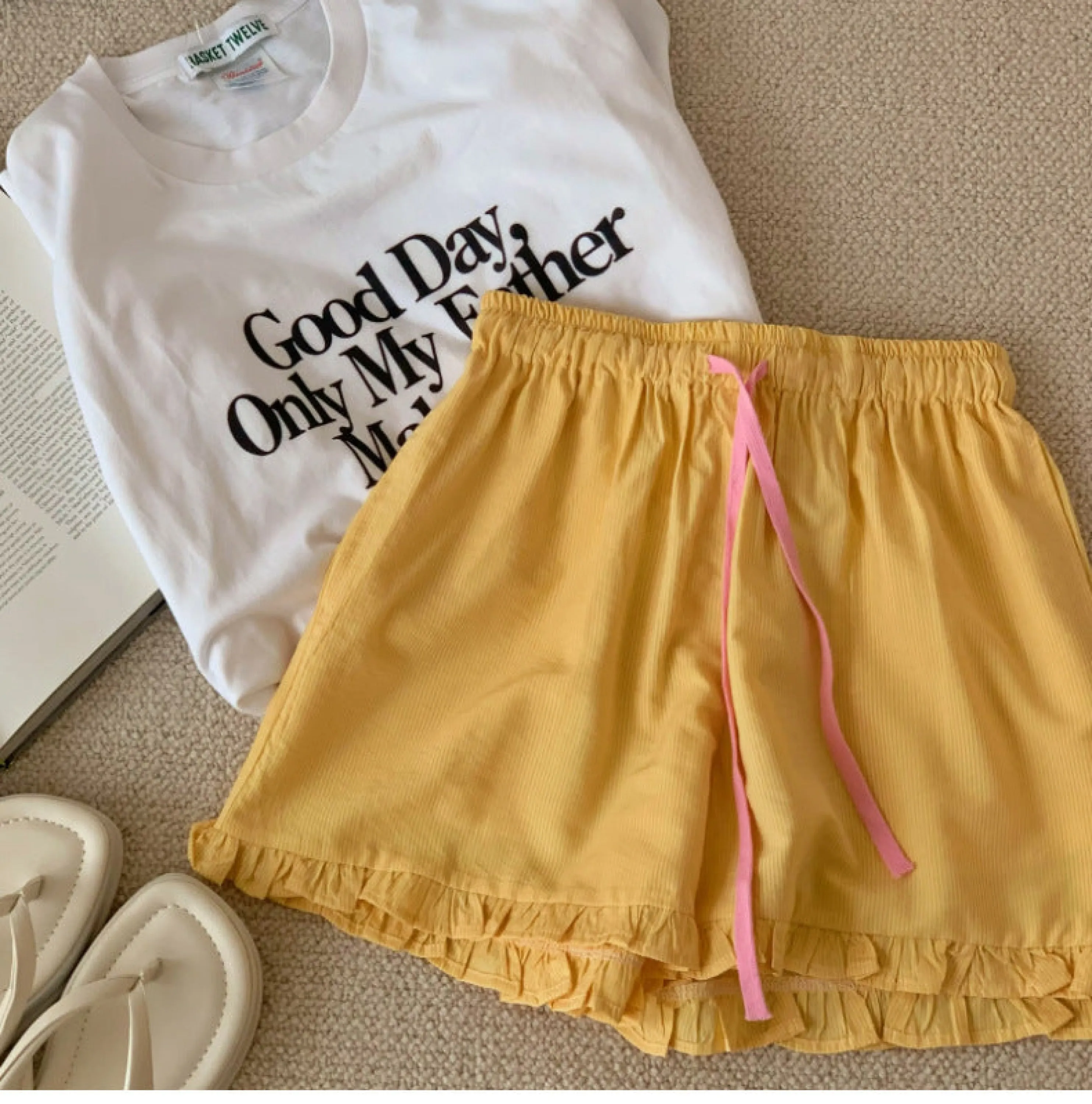 Ruffle Thin Stripes Shorts Lounge Bottoms / Beige
