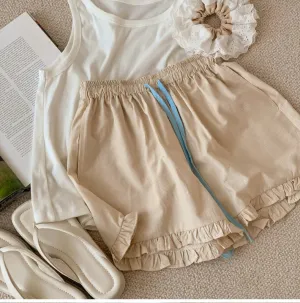 Ruffle Thin Stripes Shorts Lounge Bottoms / Beige