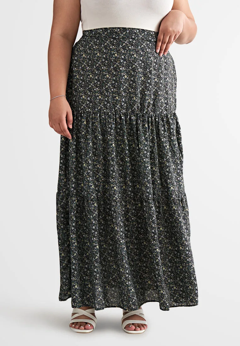 Sandria Long Tiered Skirt - Black Floral