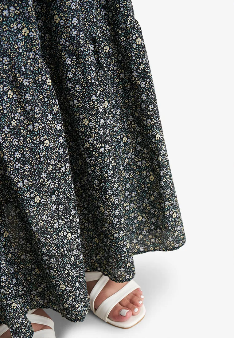 Sandria Long Tiered Skirt - Black Floral