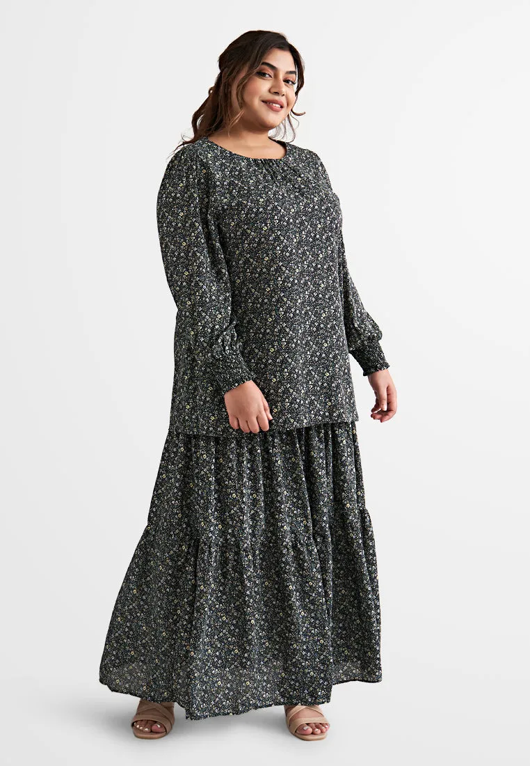 Sandria Long Tiered Skirt - Black Floral