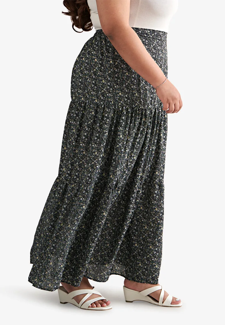 Sandria Long Tiered Skirt - Black Floral