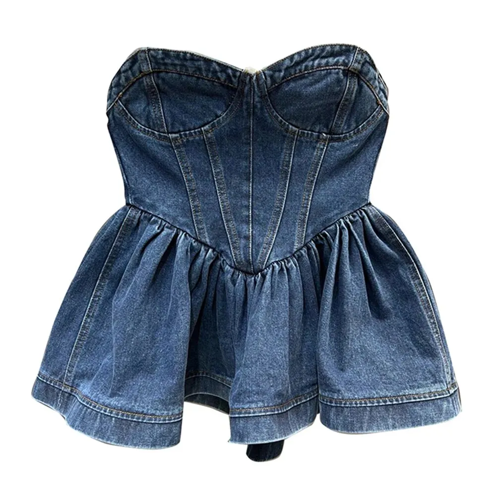 Sexy Denim Vests For Women Starpless Sleeveless Patchwork Ruffles Summer Temperament Tank Tops Female Fashion