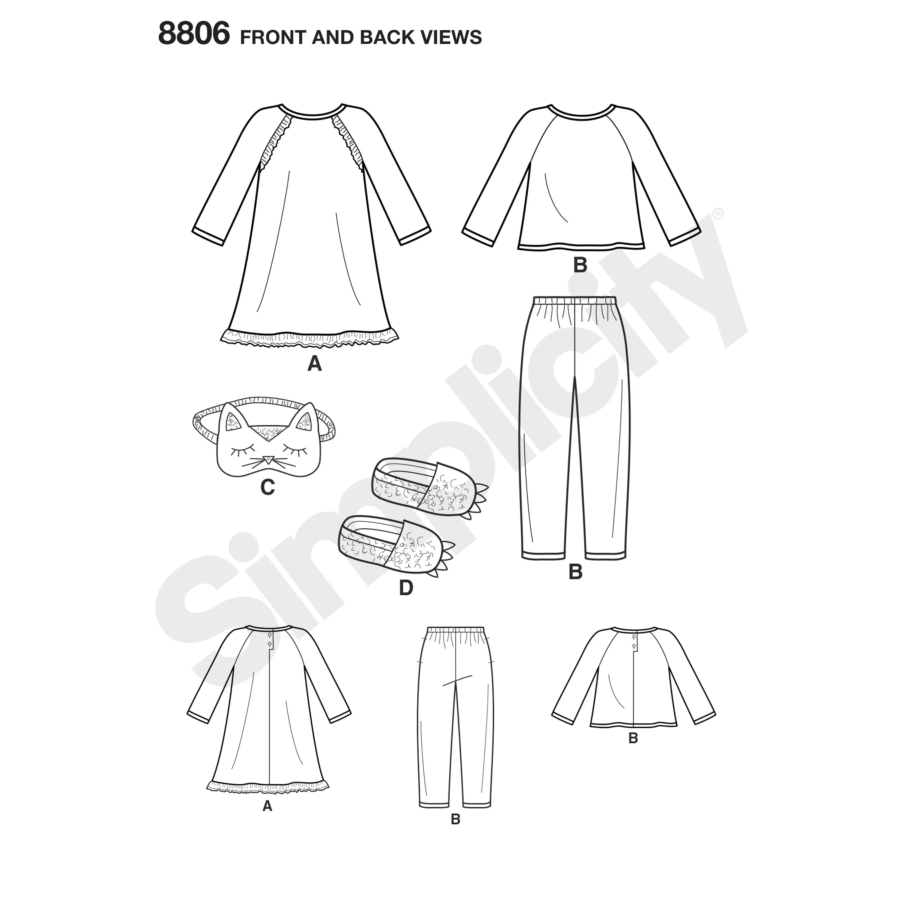 Simplicity Pattern S8806 Children's Dress, Top, Pants, Eye Mask & Slippers